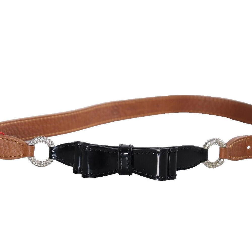 Valentino Women's Size 32" Brown Black Waist Belt Patent Bow Crystal Leather NWT